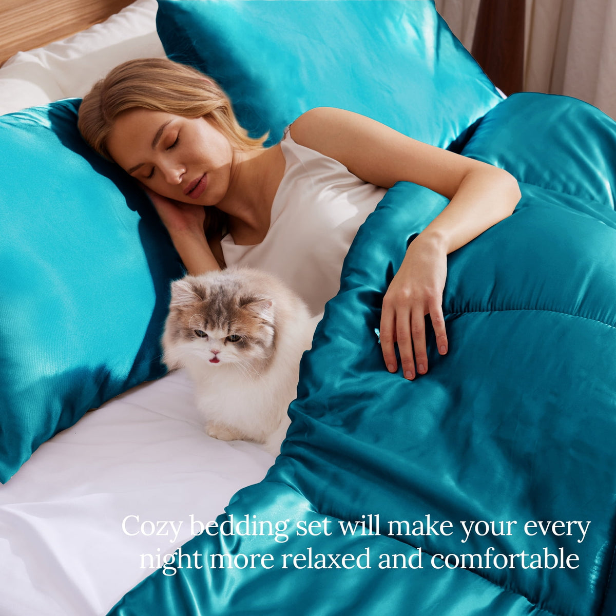 Whale Flotilla 3-Piece Reversible Silky Satin Queen Size Comforter Bedding Set, Lightweight Luxury Comforters with 2 Pillowcases All-Season, Turquoise