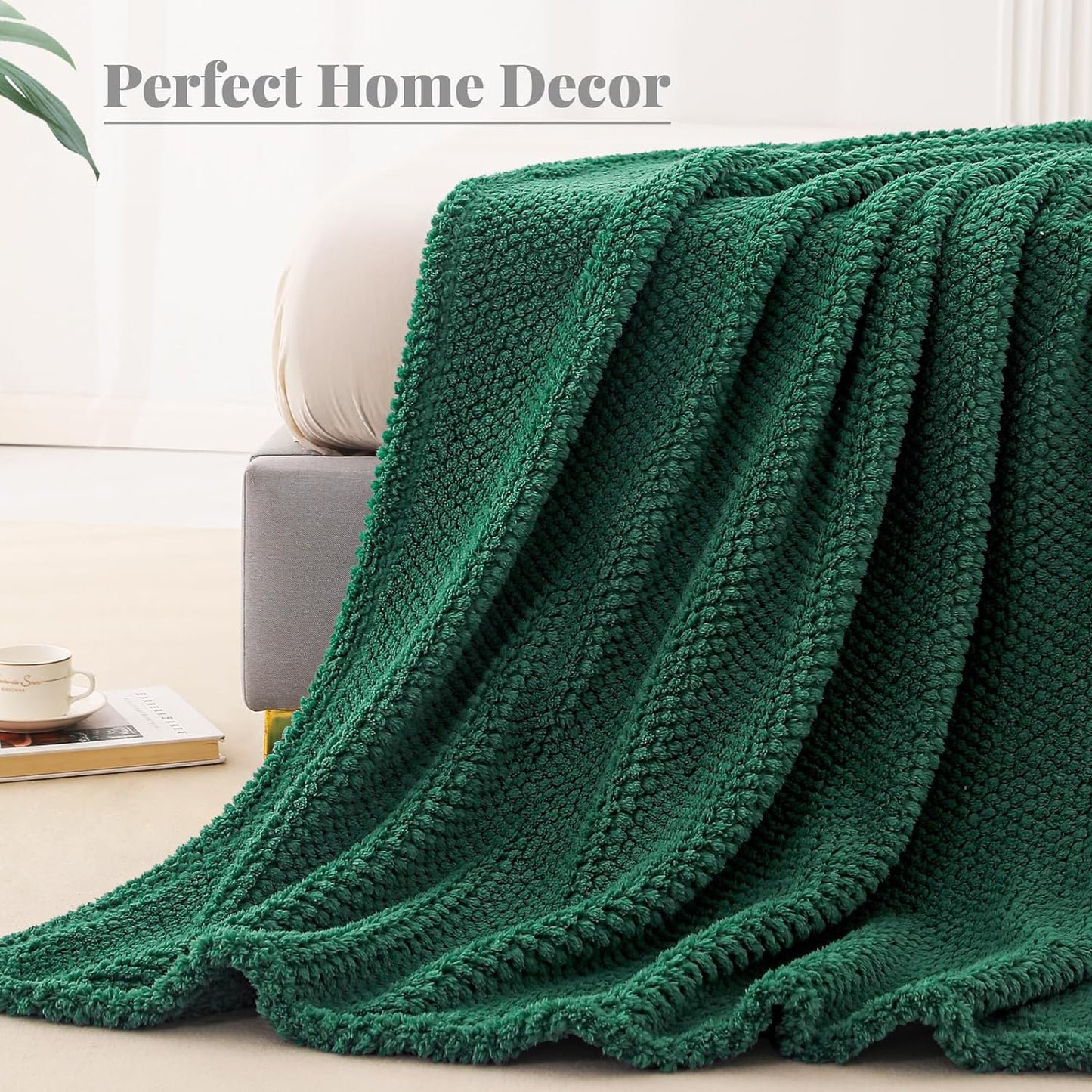 Whale Flotilla Twin Size Fuzzy Fleece Blanket, Fluffy Warm Soft Jacquard Bed Blankets for Fall Winter, Lightweight and Cozy, 60x80 Inch, Deep Green