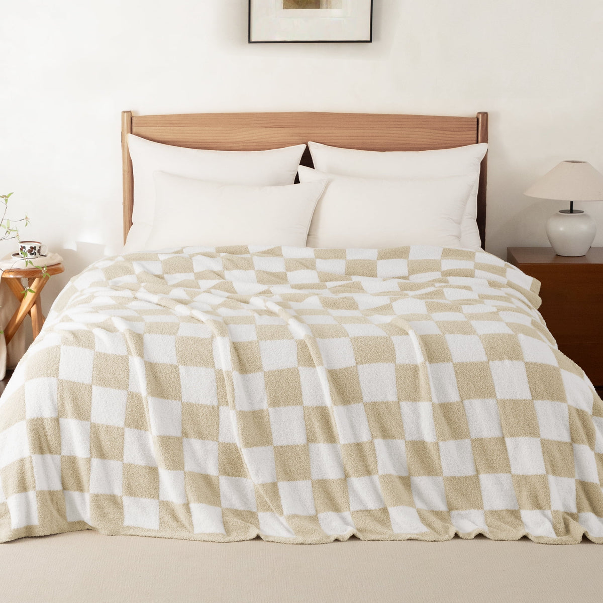 Whale Flotilla Checkered Knit Queen Size Blanket for Bed, Soft Fluffy and Cozy, 90"x90", Camel