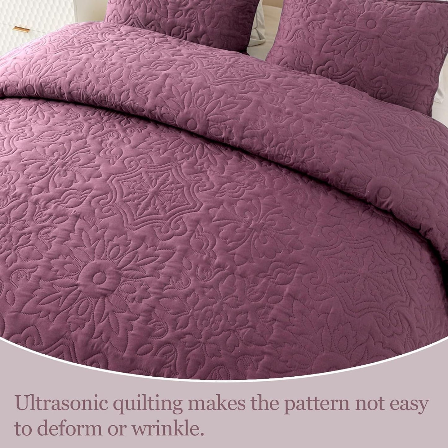 Whale Flotilla 3-Piece King Quilt Set, Soft Ultrasonic Embossed Bedding Set, Lightweight Bedspread Coverlet with Boho Vintage Pattern, Reversible Bed Cover for All Seasons, Dusty Lavender