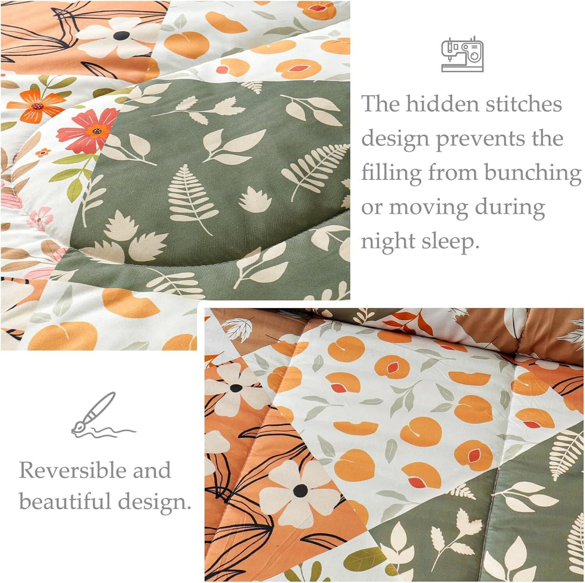 Whale Flotilla 3-Piece Queen Comforter Set, Soft Reversible Bedding Comforter Sets, Patchwork Printed Down Alternative Comforter Duvet for All Seasons, Orange