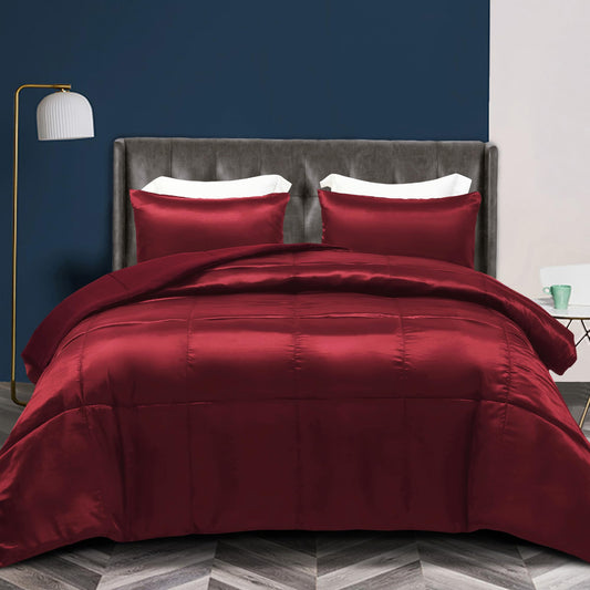 Whale Flotilla 2-Piece Reversible King Size Silk Comforter Set/Bedding Set, Soft Satin Comforter with 1 Satin Pillowcases, Lightweight Duvet Set for All Seasons, Red