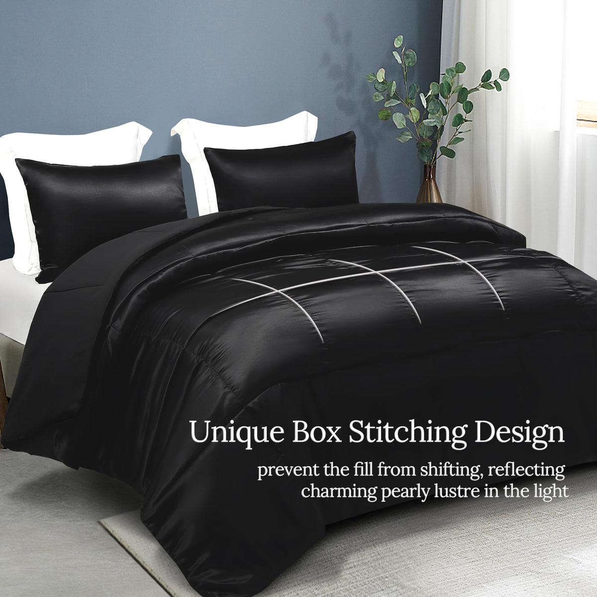 Whale Flotilla 3-Piece Reversible King Size Comforter Set/ Bedding Set, Soft Satin Comforter with 2 Satin Pillowcases, Lightweight Duvet Set for All Seasons, Black