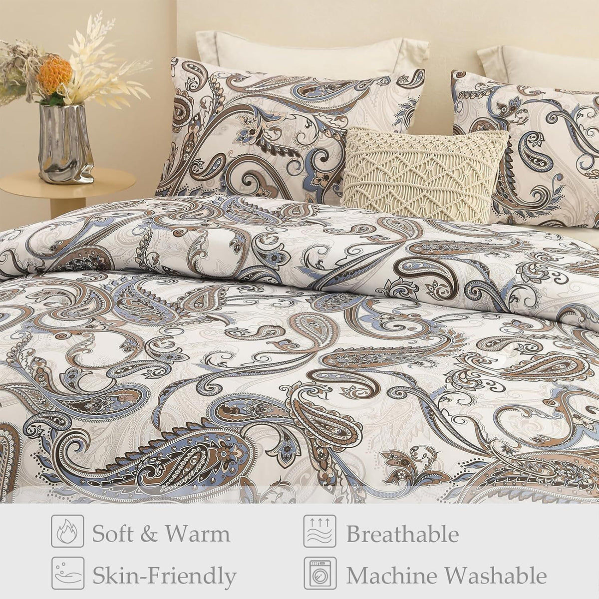Whale Flotilla 3-Piece Queen Comforter Set, Soft Reversible Bedding Comforter Sets, Paisley Printed Down Alternative Comforter Duvet for All Seasons, Beige