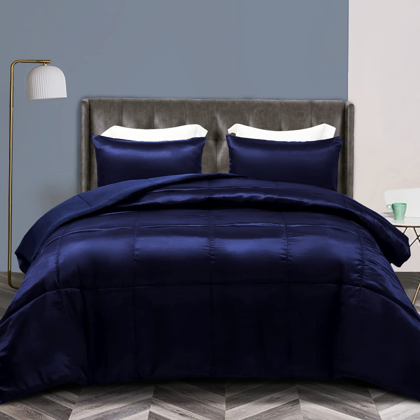 Whale Flotilla 2-Piece Reversible King Size Silk Comforter Set/Bedding Set, Soft Satin Comforter with 1 Satin Pillowcases, Lightweight Duvet Set for All Seasons, Deep Purple