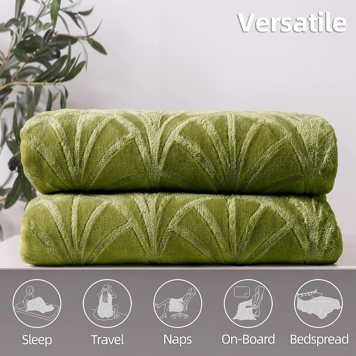 Whale Flotilla Flannel Fleece 90x90 Inch Queen Size Blanket for Bed, Soft Fluffy Velvet Bedspread Coverlet with Decorative Vintage Pattern for All Season, Warm and Lightweight, Olive Green