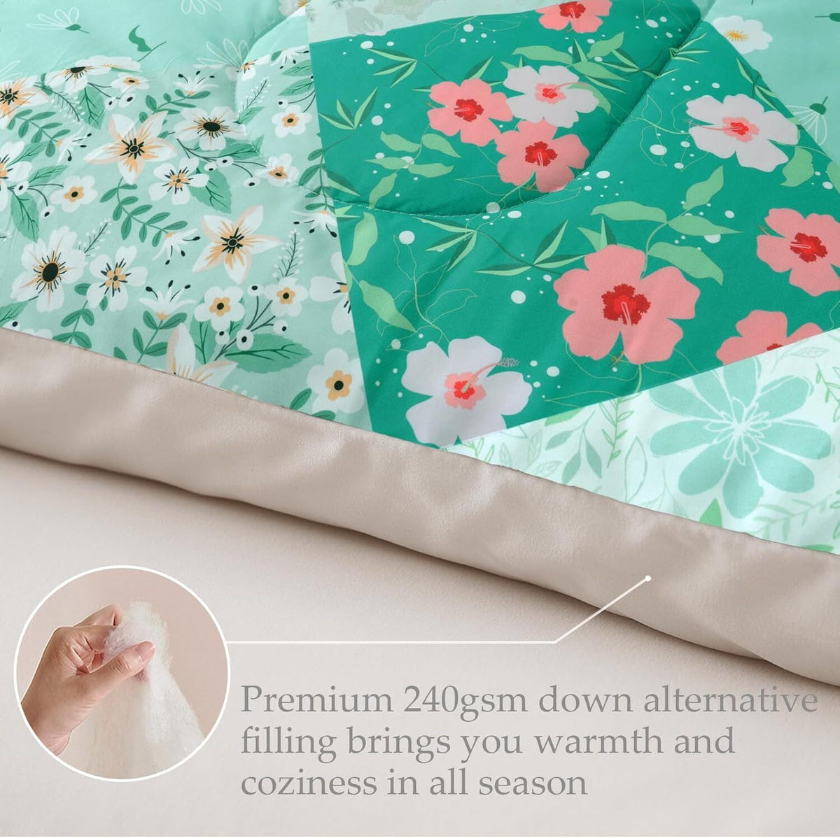 Whale Flotilla 3-Piece Queen Comforter Set, Soft Reversible Bedding Comforter Sets, Patchwork Printed Down Alternative Comforter Duvet for All Seasons, Light Green