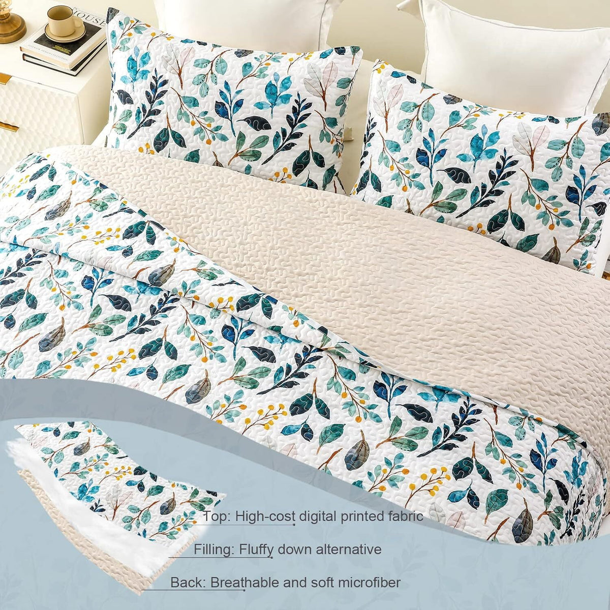 Whale Flotilla Reversible Floral Quilt Set King Size, Lightweight Boho Printed Bedspreads Coverlets Quilts Bedding Set with 2 Pillow Shams for All Seasons, White/Navy