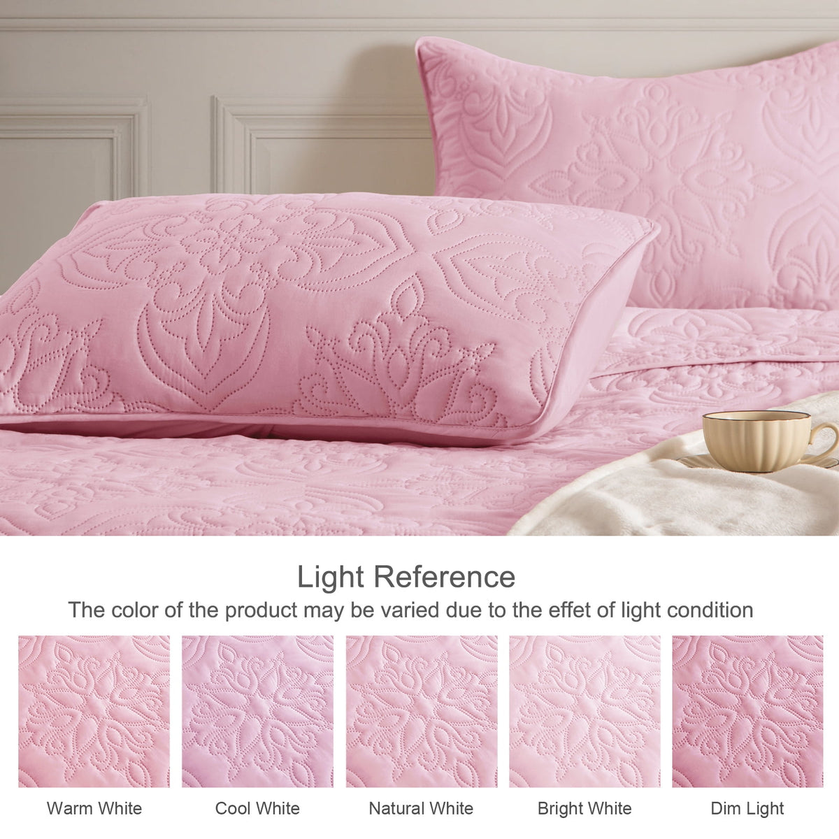 Whale Flotilla Soft King Quilt Bedding Set for All Seasons, Elegant Vintage Damask Ultrasonic Quilts Set, Lightweight Reversible Bedspread, Coverlet, Bed Cover with 2 Pillow Shams, Pink