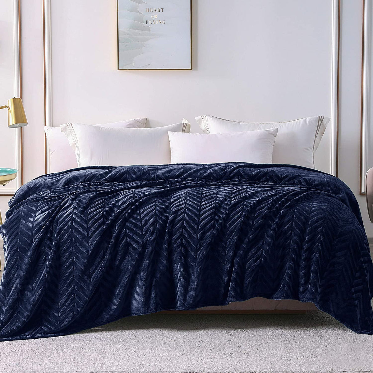 Whale Flotilla Flannel Fleece Queen Size 90x90 Inch Bed Blanket, Soft Velvet Lightweight Bedspread Plush Fluffy Coverlet Chevron Design Decorative Blanket for All Season, Navy Blue