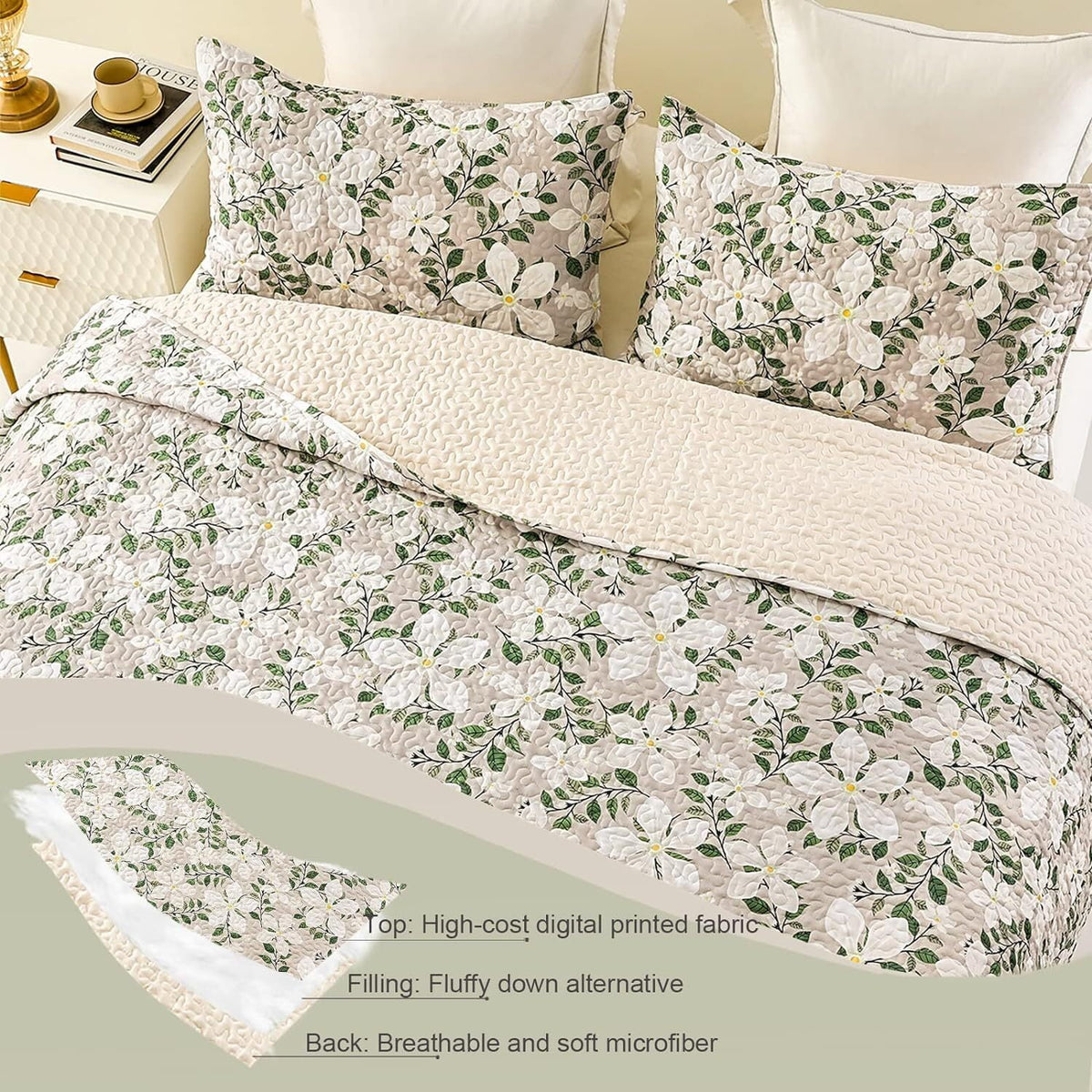 Whale Flotilla Reversible Floral Quilt Set Queen Size, Lightweight Boho Printed Bedspreads Coverlets Quilts Bedding Set with 2 Pillow Shams for All Seasons, White/Bone
