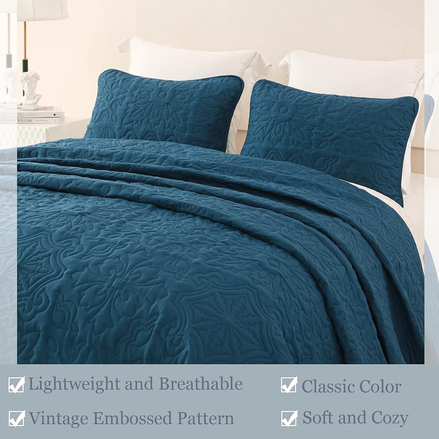 Whale Flotilla 2-Piece Twin Quilt Set, Soft Embossed Bedding Set, Lightweight Bedspread Coverlet with Damask Vintage Pattern, Reversible Bed Cover for All Seasons, Bone