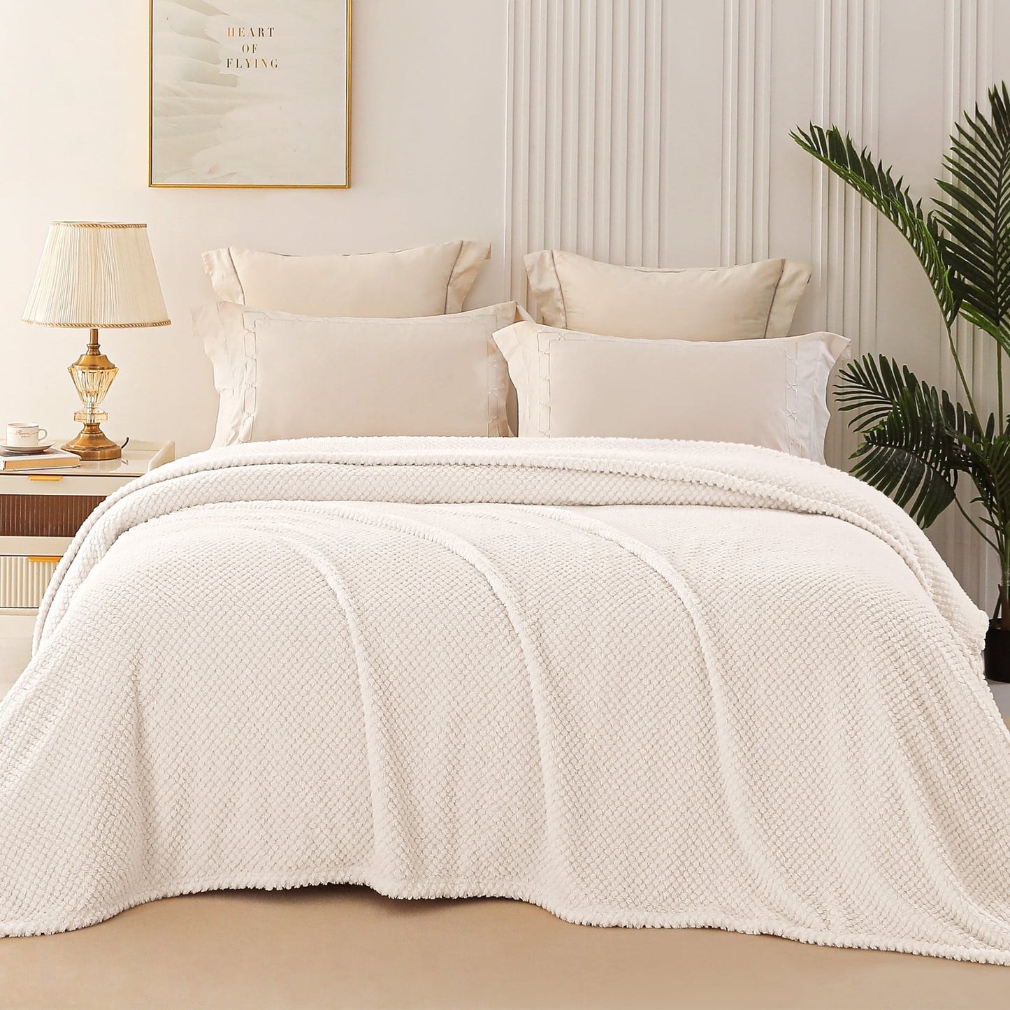 Whale Flotilla Queen Size Fuzzy Fleece Blanket, 90"x90" Fluffy Lightweight Soft Jacquard Bed Blankets for All Seasons, Warm and Cozy, Ivory
