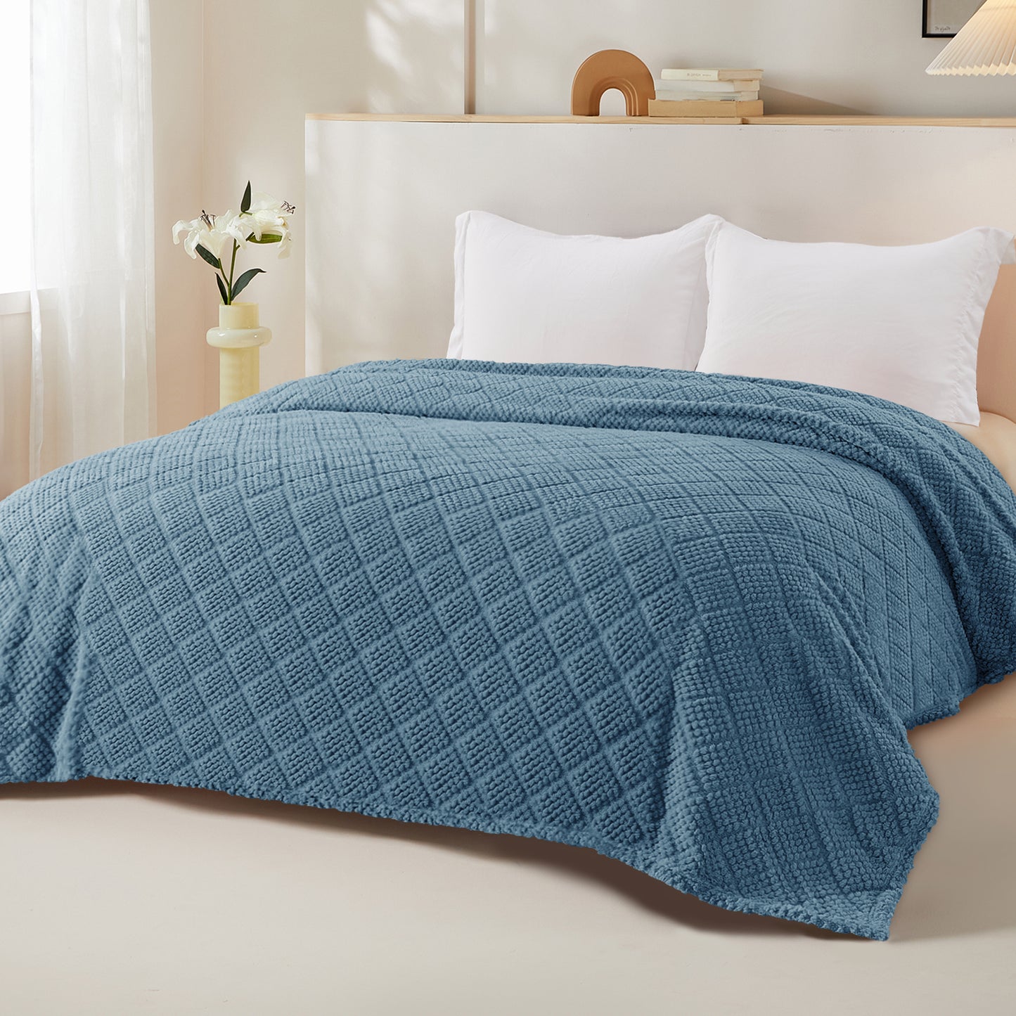 Whale Flotilla Fuzzy Fleece Twin Size Blanket for Bed, Soft Fluffy Jacquard Waffle Blankets for All Season, Lightweight and Warm, 60x80 Inch, Slate Blue