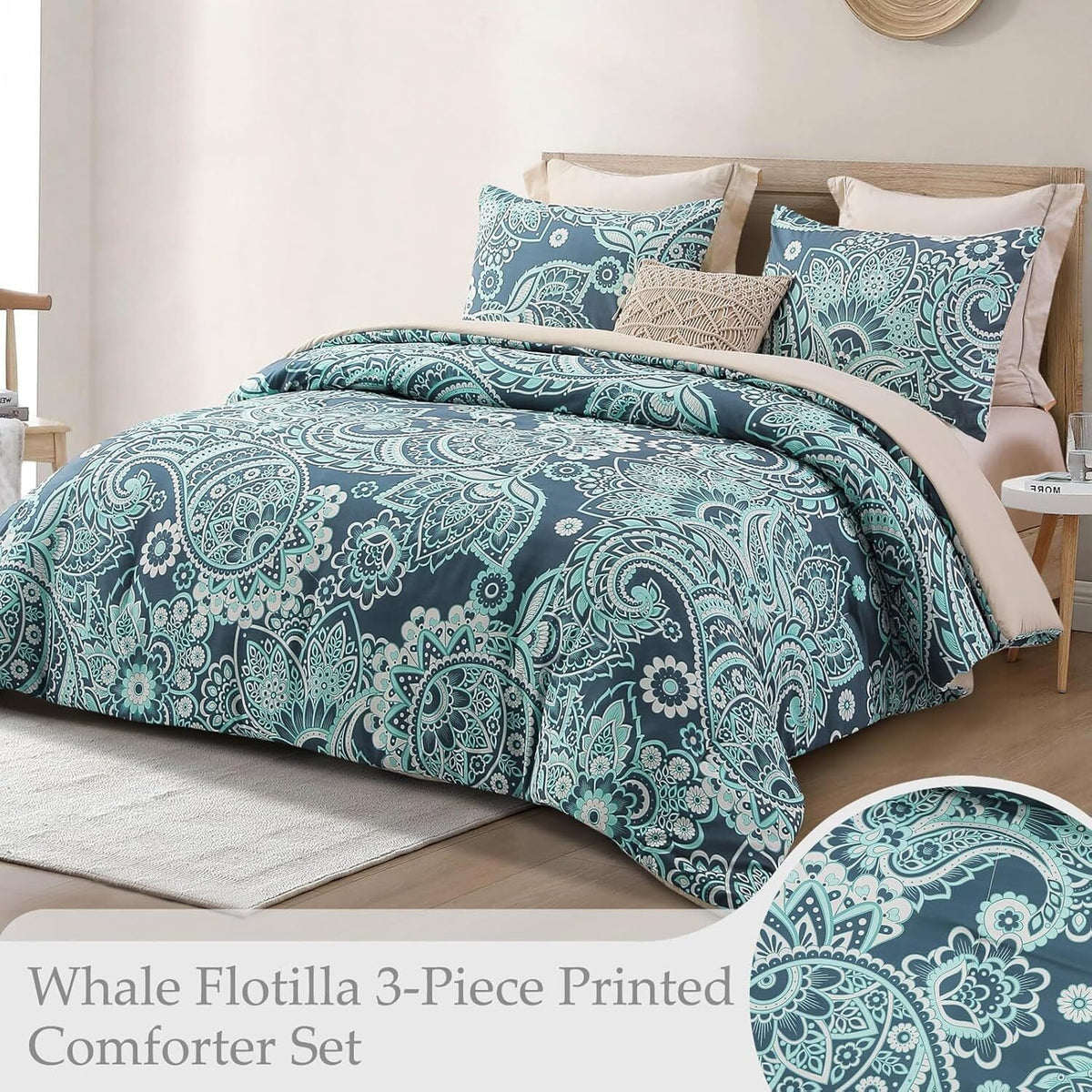 Whale Flotilla 3-Piece Queen Comforter Set, Soft Reversible Bedding Comforter Sets, Paisley Printed Down Alternative Comforter Duvet for All Seasons, Turquoise