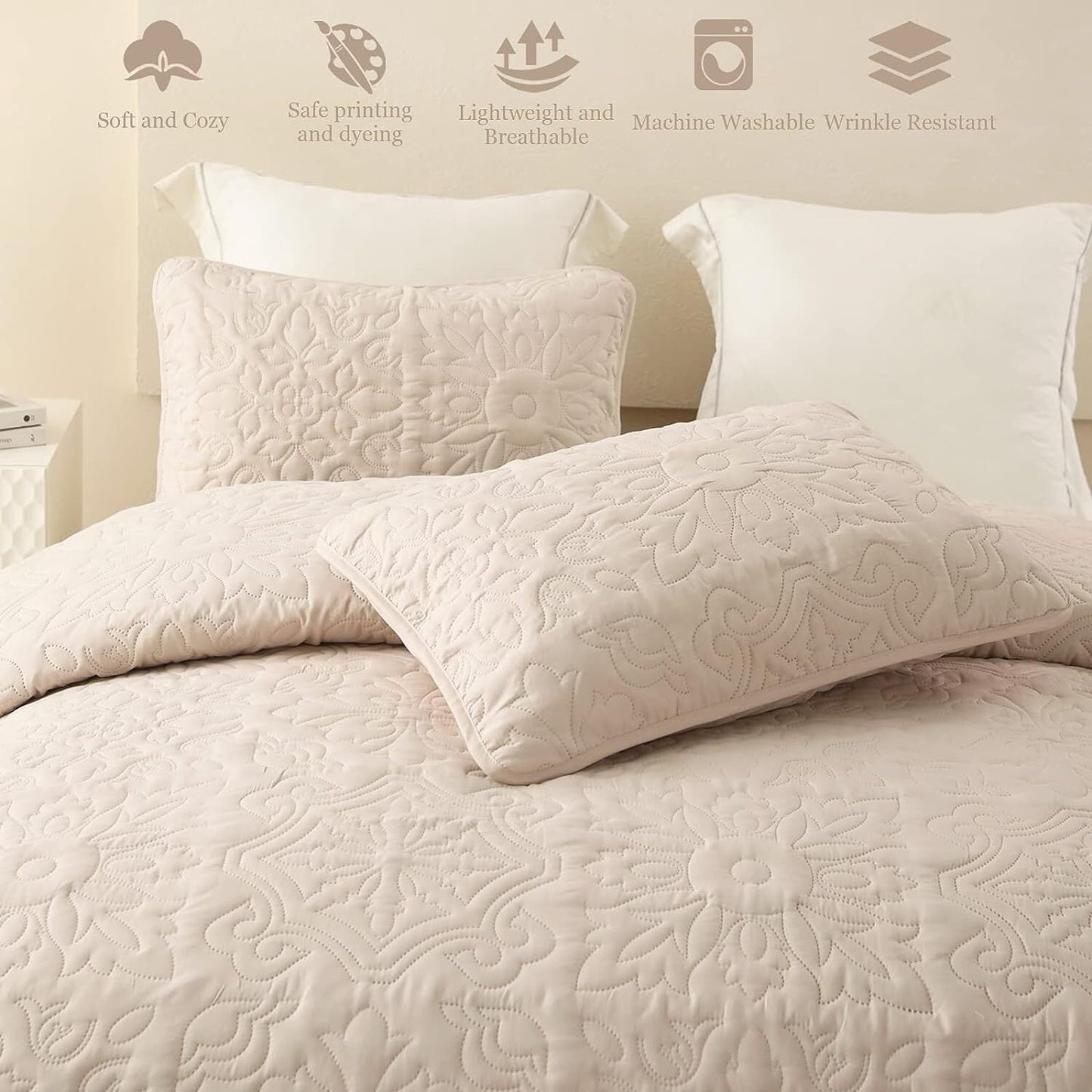 Whale Flotilla 3-Piece Queen Quilt Set, Soft Embossed Bedding Set, Lightweight Bedspread Coverlet with Damask Vintage Pattern, Reversible Bed Cover for All Seasons, Brich Beige