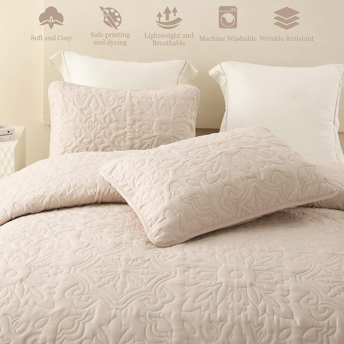 Whale Flotilla 3-Piece King Quilt Set, Soft Embossed Bedding Set, Lightweight Bedspread Coverlet with Damask Vintage Pattern, Reversible Bed Cover for All Seasons, Brich Beige