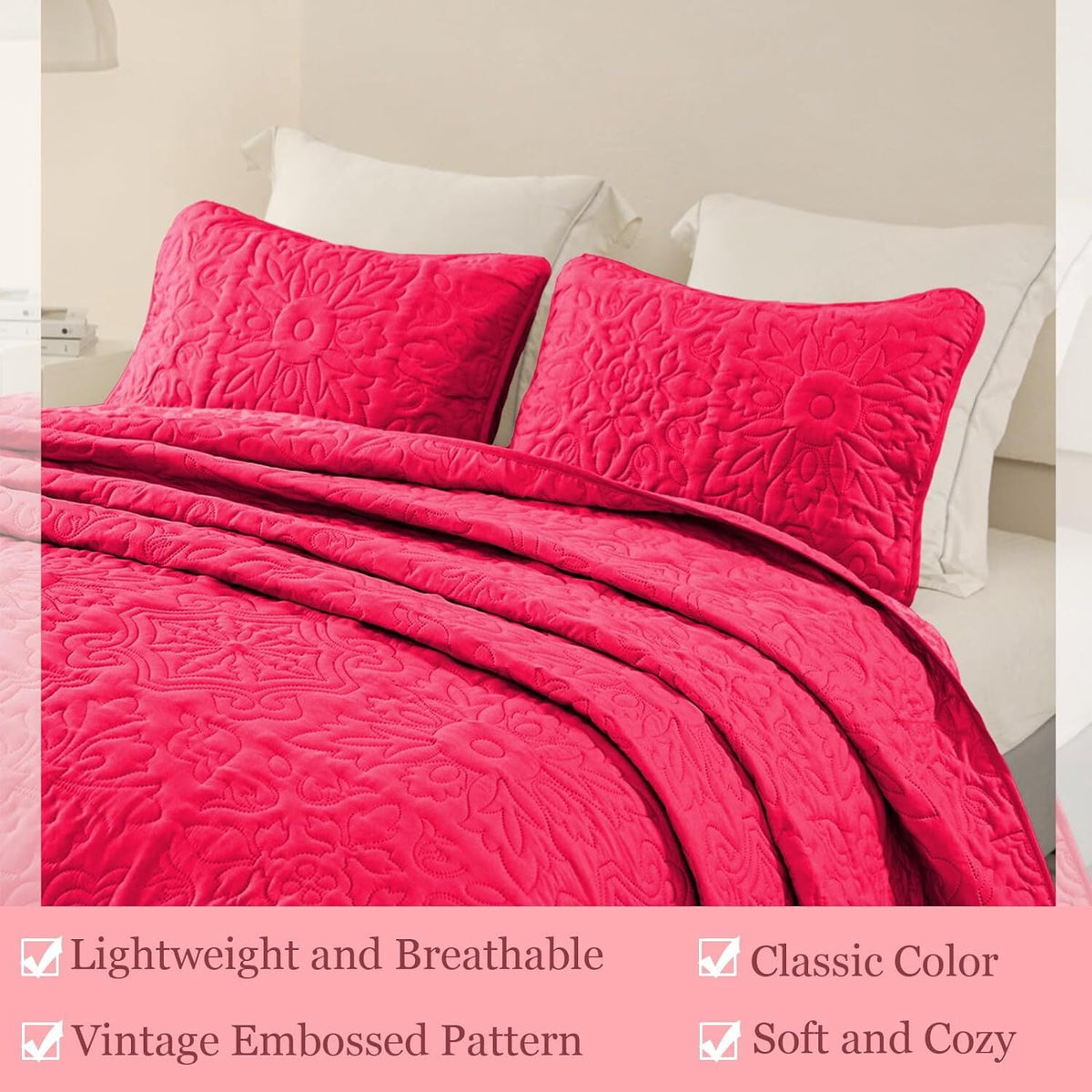 Whale Flotilla 3-Piece Queen Quilt Set, Soft Embossed Bedding Set, Lightweight Bedspread Coverlet with Damask Vintage Pattern, Reversible Bed Cover for All Seasons, Hot Pink