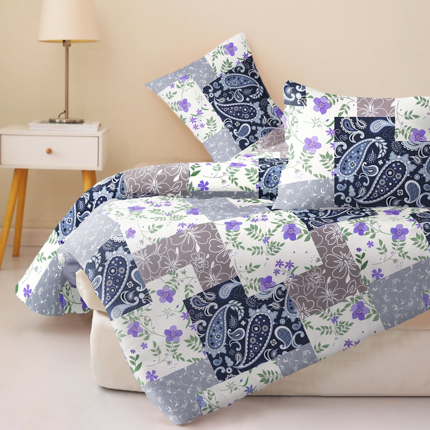 Whale Flotilla 3-Piece King Comforter Set, Soft Reversible Bedding Comforter Sets, Patchwork Printed Down Alternative Comforter Duvet for All Seasons,Paisley Flowers