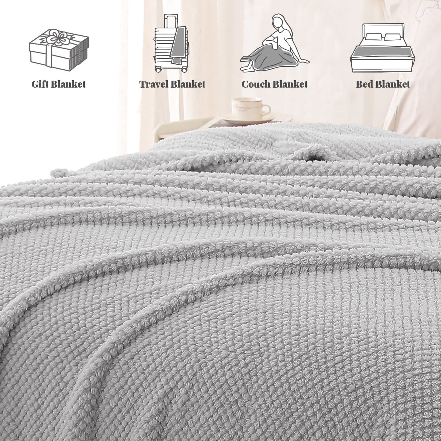 Whale Flotilla Fuzzy Fleece 50"x70" Throw Blanket for Couch, Fluffy Warm Soft Jacquard Blankets for All Seasons, Lightweight and Cozy, Light Grey