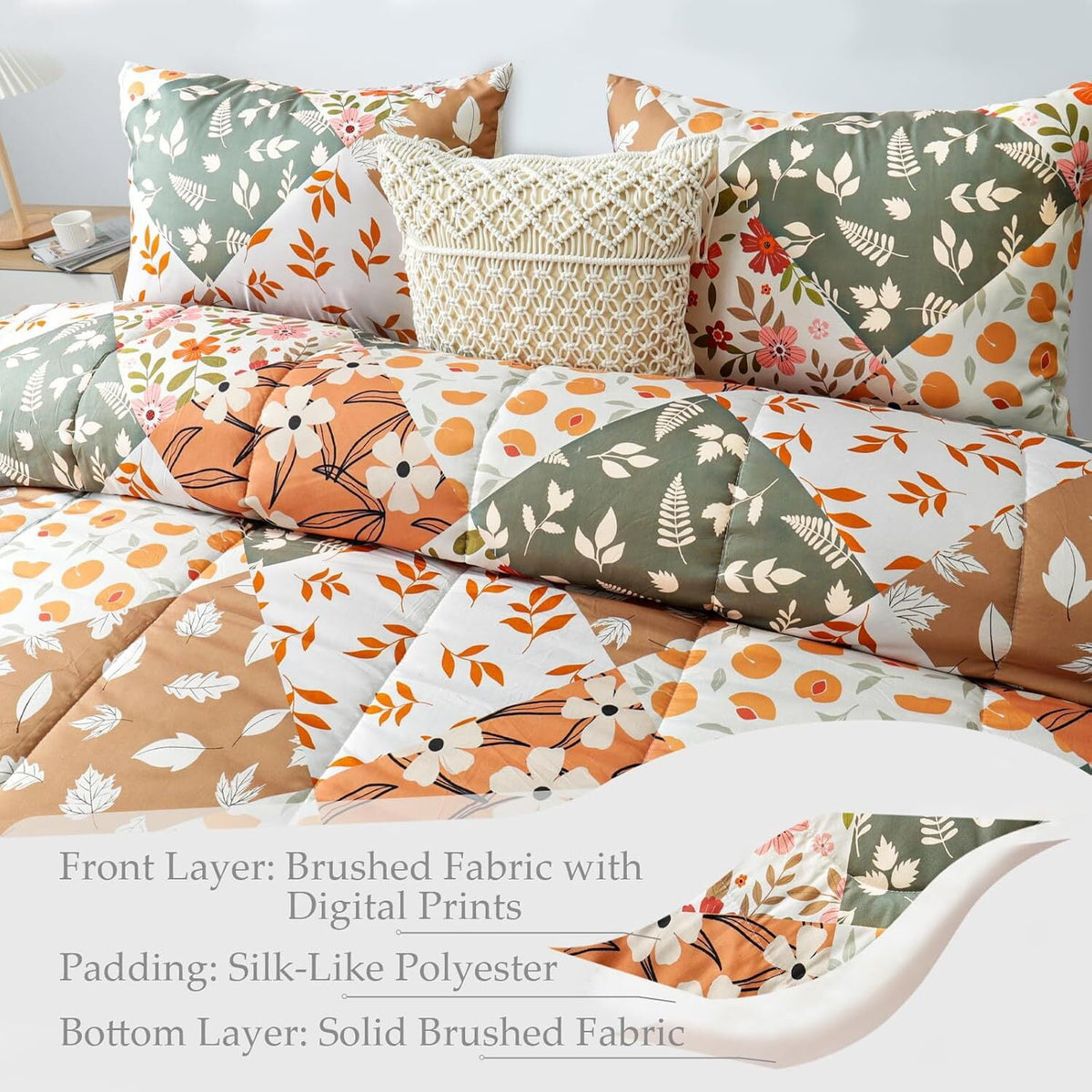 Whale Flotilla 3-Piece Queen Comforter Set, Soft Reversible Bedding Comforter Sets, Patchwork Printed Down Alternative Comforter Duvet for All Seasons, Orange