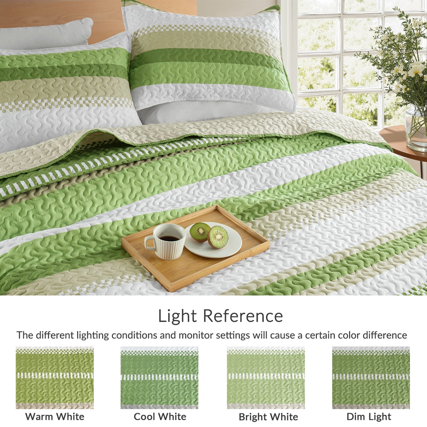 Whale Flotilla Reversible Ultra Soft Printed Quilts Twin Size, Lightweight Patchwork Geometric Stripes Bedspreads Coverlets Twin Quilt Bedding Set with 1 Pillow Shams for All Seasons, Green