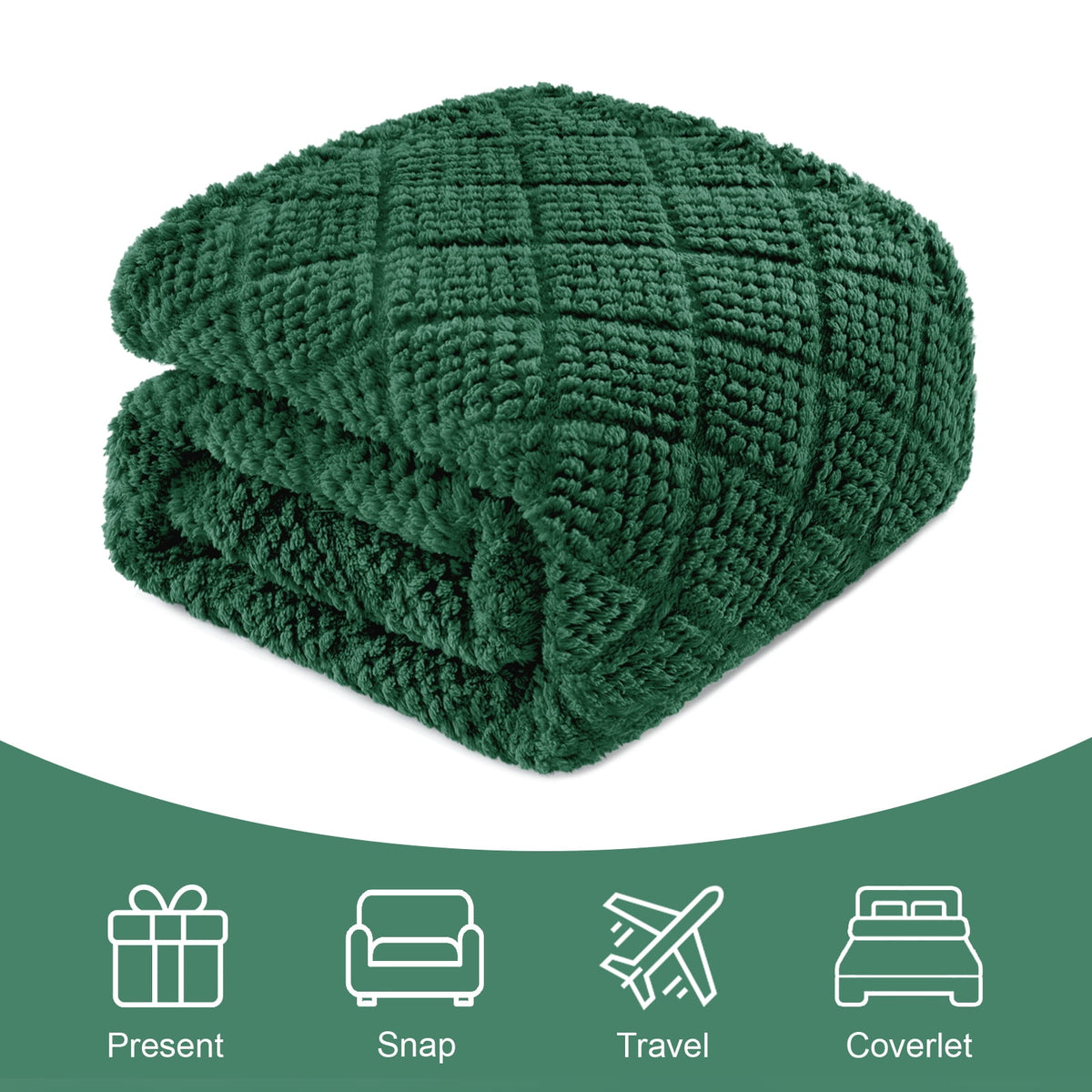 Whale Flotilla Fuzzy Fleece Throw Blanket for Couch, Bed, Soft Fluffy Jacquard Waffle Blankets for All Season, Lightweight and Warm, 50x60 Inch, Emerald Green