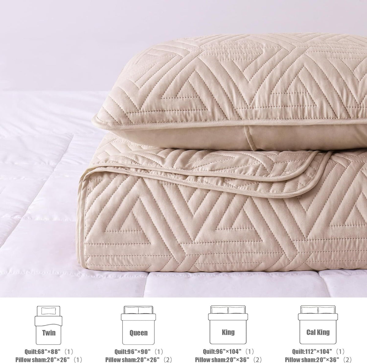 Whale Flotilla 3-Piece King Size Quilt Set for All Season, Classic Geometric Pattern Bedding Set with 2 Pillow Shams, Soft and Lightweight, Brich Beige