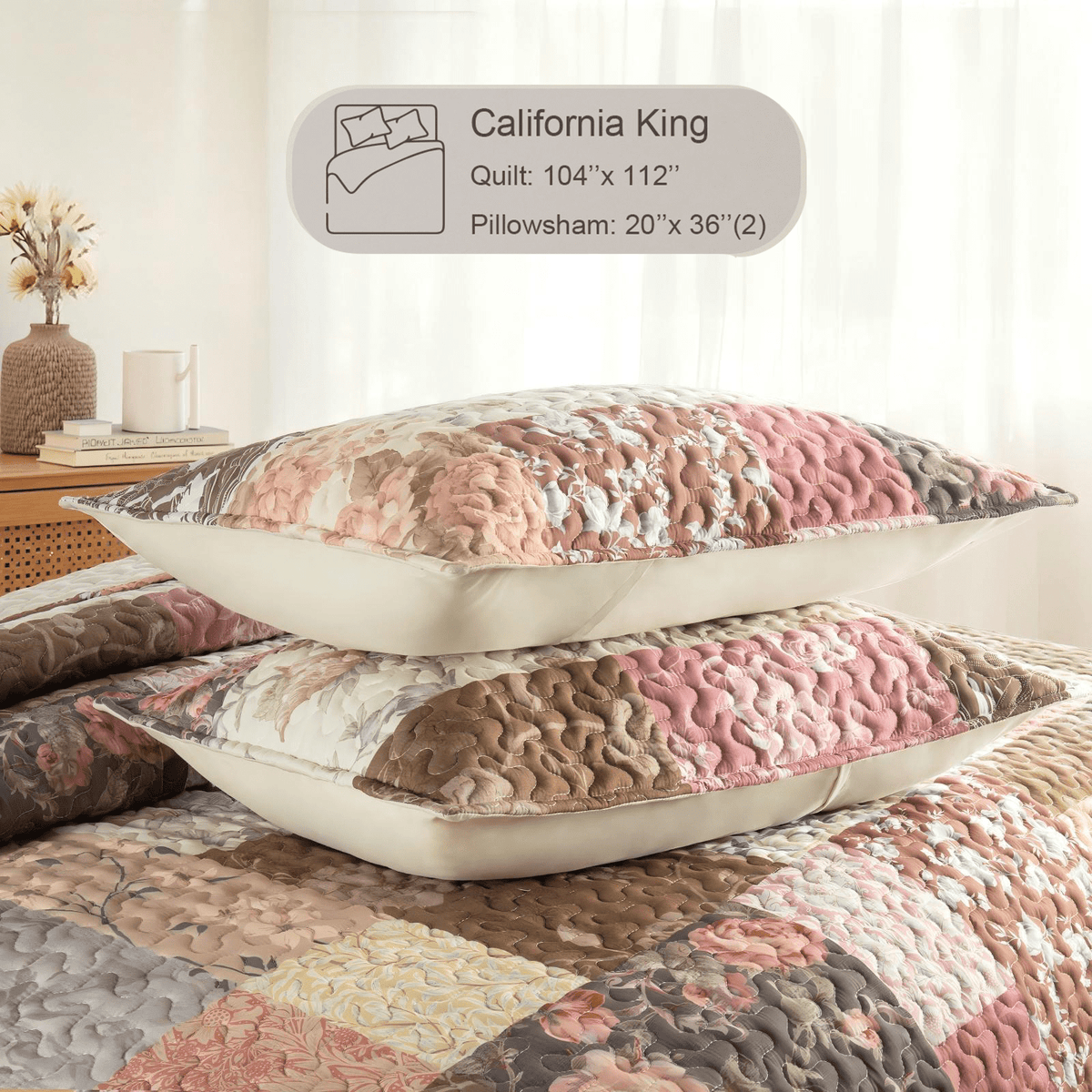 Whale Flotilla Reversible Patchwork Quilts California King Size, Lightweight Boho Printed Bedspreads Coverlets Oversized Quilt Bedding Set with 2 Pillow Shams for All Seasons, Vintage Red Flowers