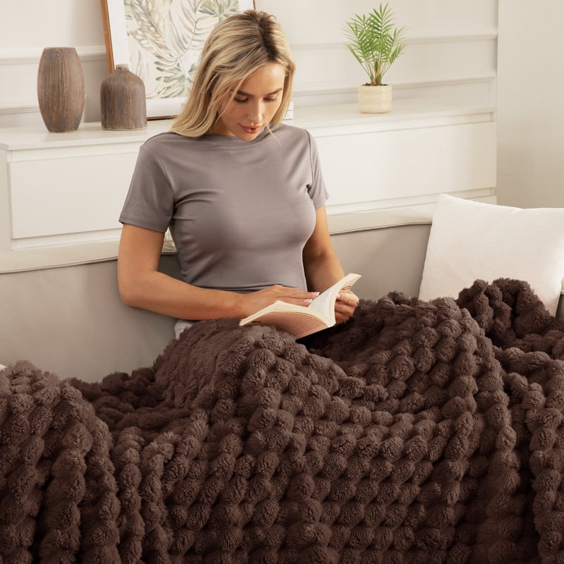 Whale Flotilla 90"x 90" Queen Size Blanket for Bed with Expanded 3D-Jacquard Pattern, Fuzzy Soft Cozy Exquisite Blankets or All Season, Warm and Fluffy, Coffee