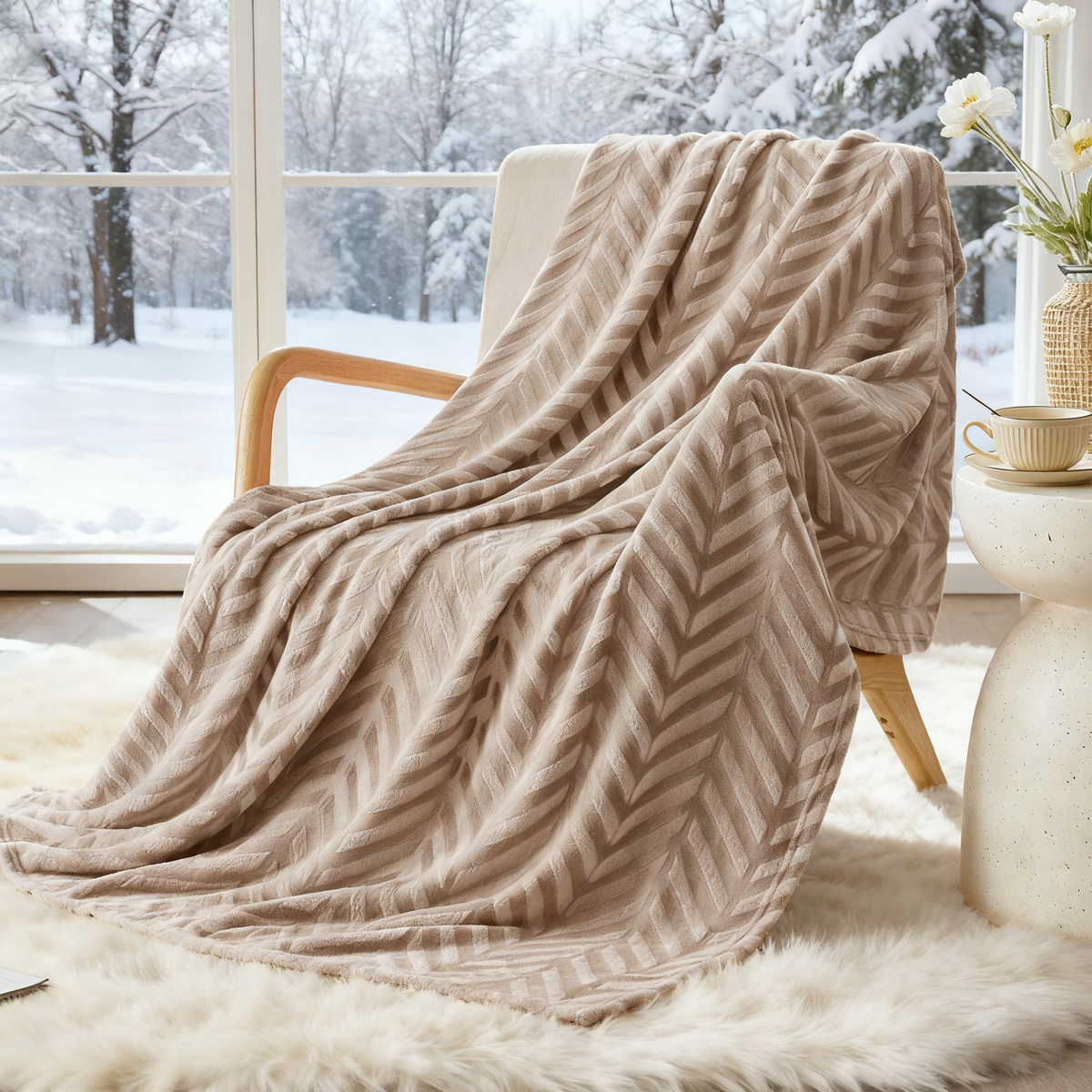 Whale Flotilla Soft Flannel Fleece Lightweight Throw Blanket(50"x60"), Brushed Chevron Design Fluffy Plush Cozy Blanket for All Seasons, Champagne
