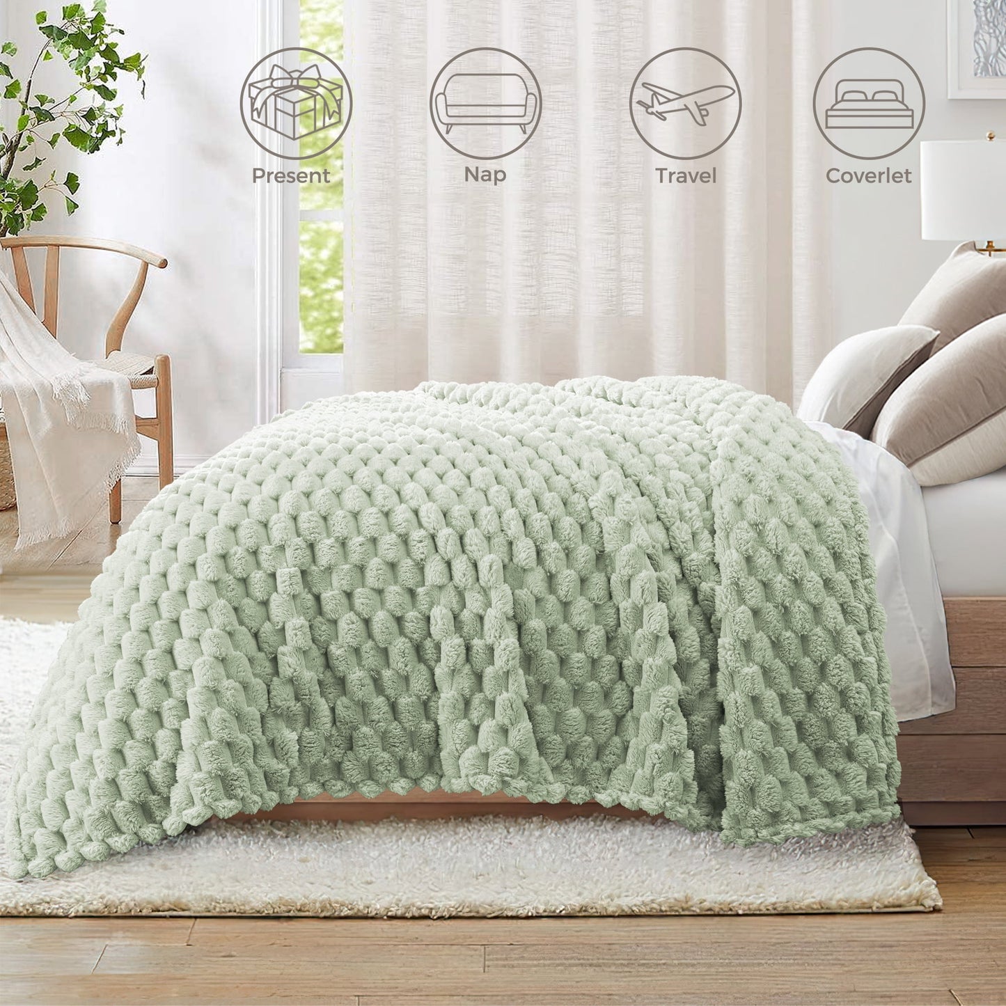 Whale Flotilla 50"x60" Throw Blanket for Couch with Expanded 3D-Jacquard Pattern, Fuzzy Soft Cozy Exquisite Blankets or All Season, Warm and Fluffy, Sage Green