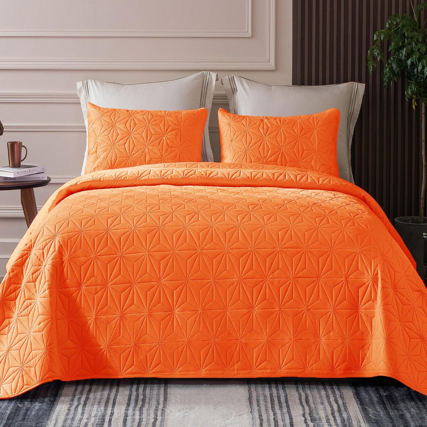 Whale Flotilla Microfiber King Size (96x104 inches) Quilt Set Lightweight Quilted Bedspreads Coverlets Set with Stars Pattern, Orange, 3 Piece (1 Quilt, 2 Shams)