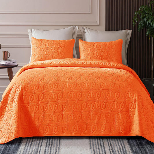 Whale Flotilla Microfiber Twin Size (68x88 inches) Quilt Set Lightweight Quilted Bedspreads Coverlets Set with Stars Pattern, Orange, 2 Piece (1 Quilt, 1 Sham)