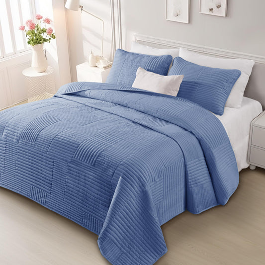 Whale Flotilla Ultra Soft Queen Quilt Bedding Set, Lightweight Microfiber Bluish Grey Quilts Bedspreads Full Size, 3 Piece Ultrasonic Geometric Coverlet Bed Cover for All Seasons