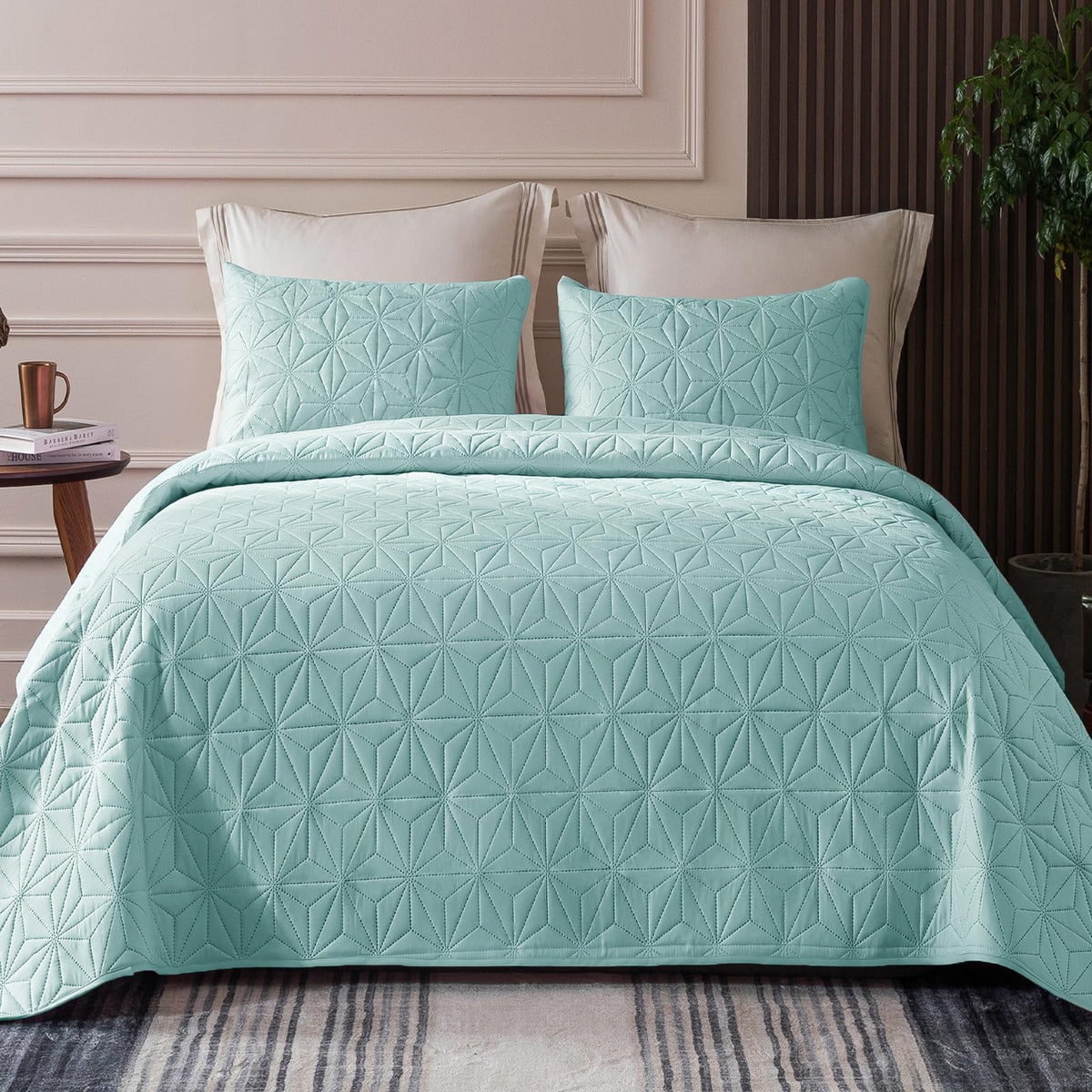 Whale Flotilla Microfiber Queen Size (96x90 inches) Quilt Set Lightweight Quilted Bedspreads Coverlets Set with Stars Pattern, Spa Blue, 3 Piece (1 Quilt, 2 Shams)