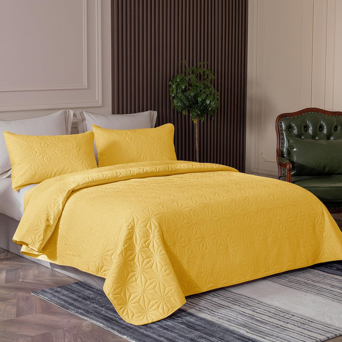 Whale Flotilla Microfiber King Size (96x104 inches) Quilt Set Lightweight Quilted Bedspreads Coverlets Set with Stars Pattern, Yellow, 3 Piece (1 Quilt, 2 Shams)