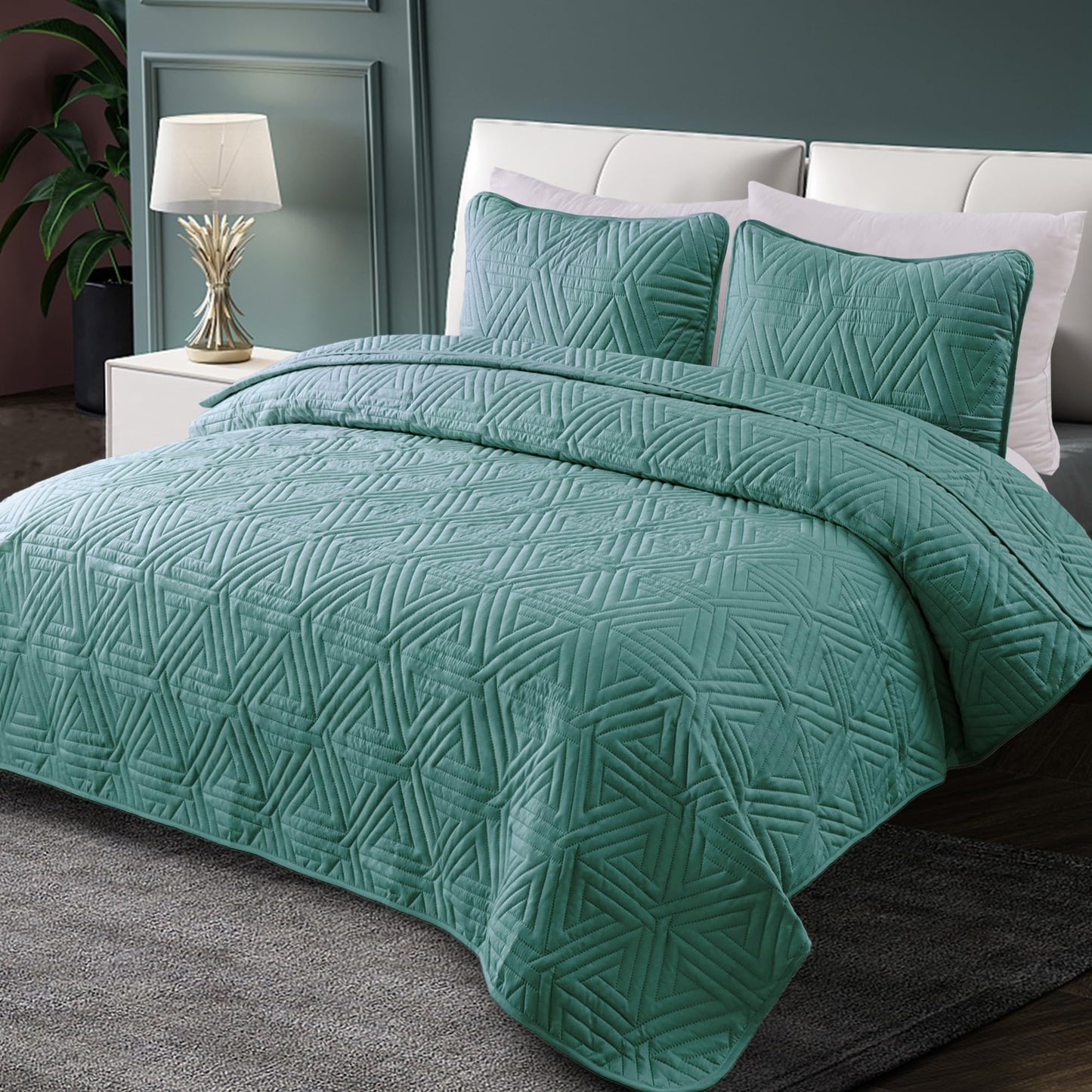 Whale Flotilla Soft King Size Quilt Set for All Seasons, 3-Piece Ultrasonic Geometric Quilts Bedding Set, Lightweight Reversible Bedspread, Coverlet, Bed Cover with 2 Pillow Shams, Turquoise Green