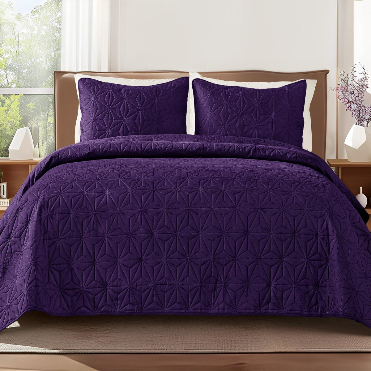 Whale Flotilla Microfiber Twin Size (68x88 inches) Quilt Set Lightweight Quilted Bedspreads Coverlets Set with Stars Pattern, Purple, 2 Piece (1 Quilt, 1 Sham)