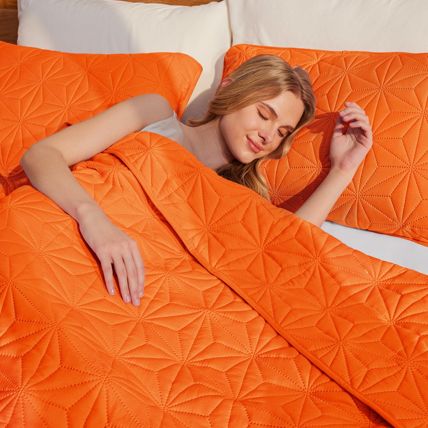 Whale Flotilla Microfiber King Size (96x104 inches) Quilt Set Lightweight Quilted Bedspreads Coverlets Set with Stars Pattern, Orange, 3 Piece (1 Quilt, 2 Shams)