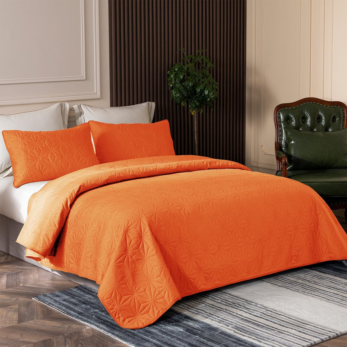Whale Flotilla Microfiber King Size (96x104 inches) Quilt Set Lightweight Quilted Bedspreads Coverlets Set with Stars Pattern, Orange, 3 Piece (1 Quilt, 2 Shams)