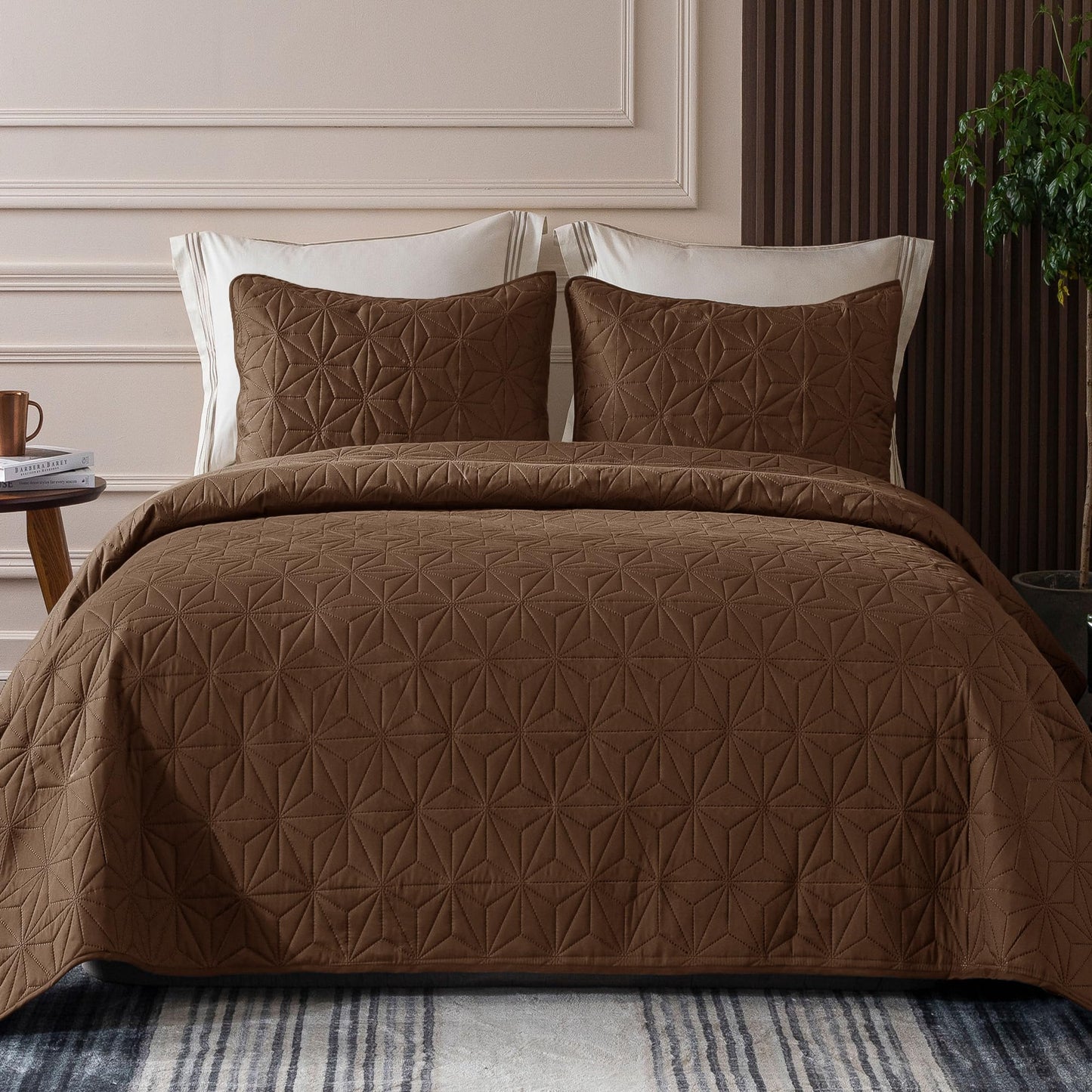 Whale Flotilla Microfiber King Size (96x104 inches) Quilt Set Lightweight Quilted Bedspreads Coverlets Set with Stars Pattern, Brown, 3 Piece (1 Quilt, 2 Shams)