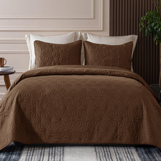 Whale Flotilla Microfiber King Size (96x104 inches) Quilt Set Lightweight Quilted Bedspreads Coverlets Set with Stars Pattern, Brown, 3 Piece (1 Quilt, 2 Shams)