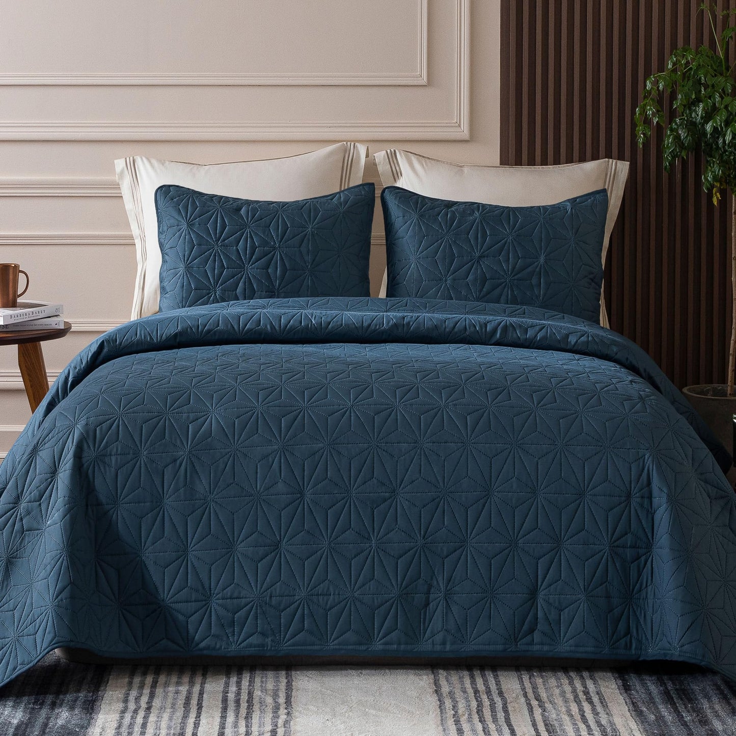 Whale Flotilla Microfiber Queen Size (96x90 inches) Quilt Set Lightweight Quilted Bedspreads Coverlets Set with Stars Pattern, Navy, 3 Piece (1 Quilt, 2 Shams)