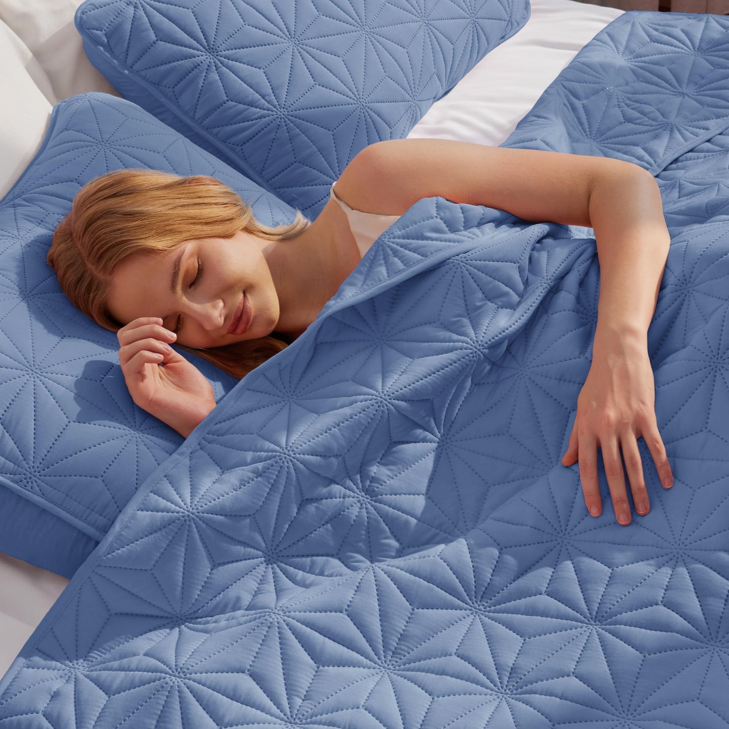 Whale Flotilla California King Quilt Bedding Set, Soft Bluish Grey Oversized Bedspreads Quilts Cal King Size for All Seasons, 3 Pieces Lightweight Geometric Star Pattern Coverlet