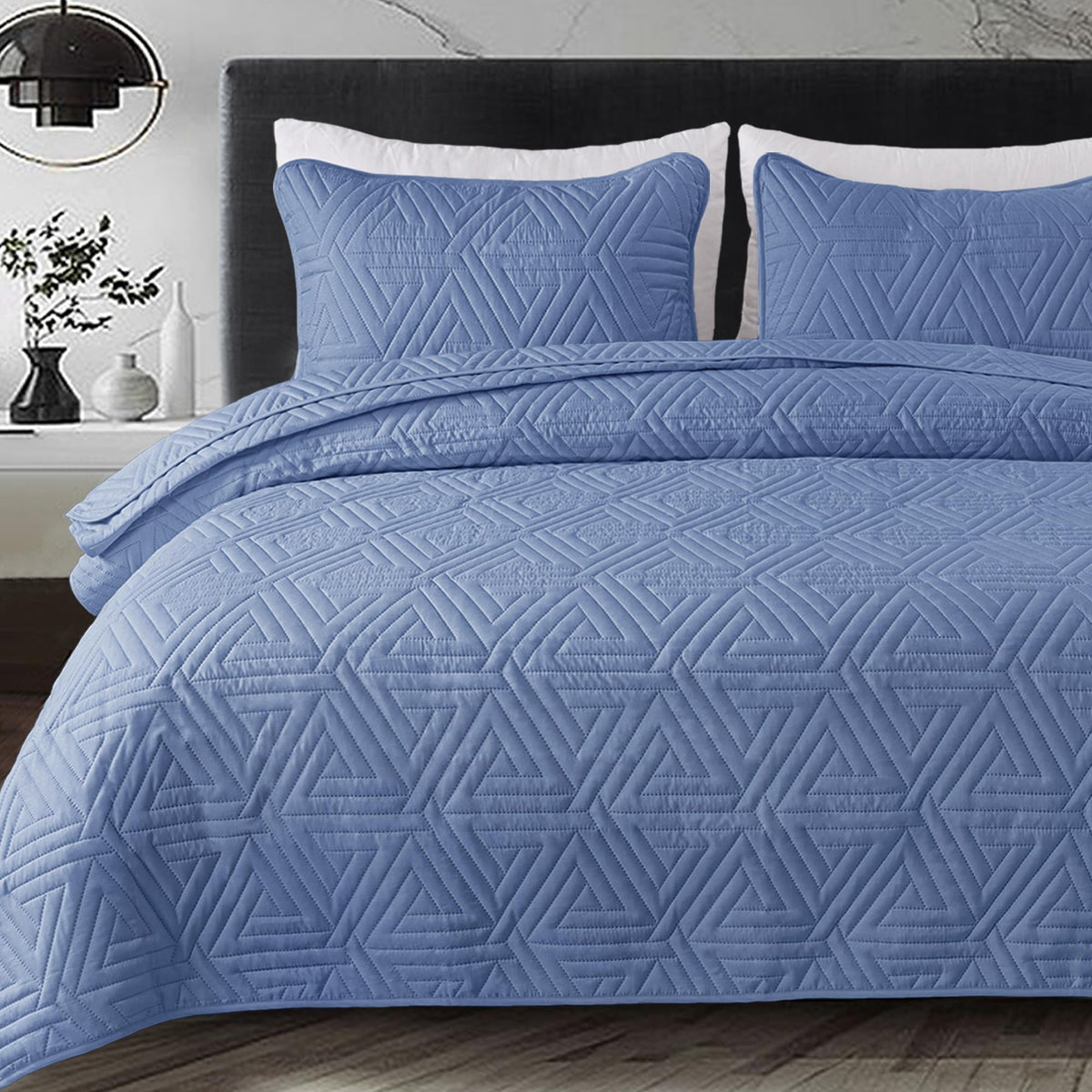 Whale Flotilla Soft Queen Size Quilt Set for All Seasons, 3-Piece Ultrasonic Geometric Quilts Bedding Set, Lightweight Reversible Bedspread, Coverlet, Bed Cover with 2 Pillow Shams, Bluish Grey