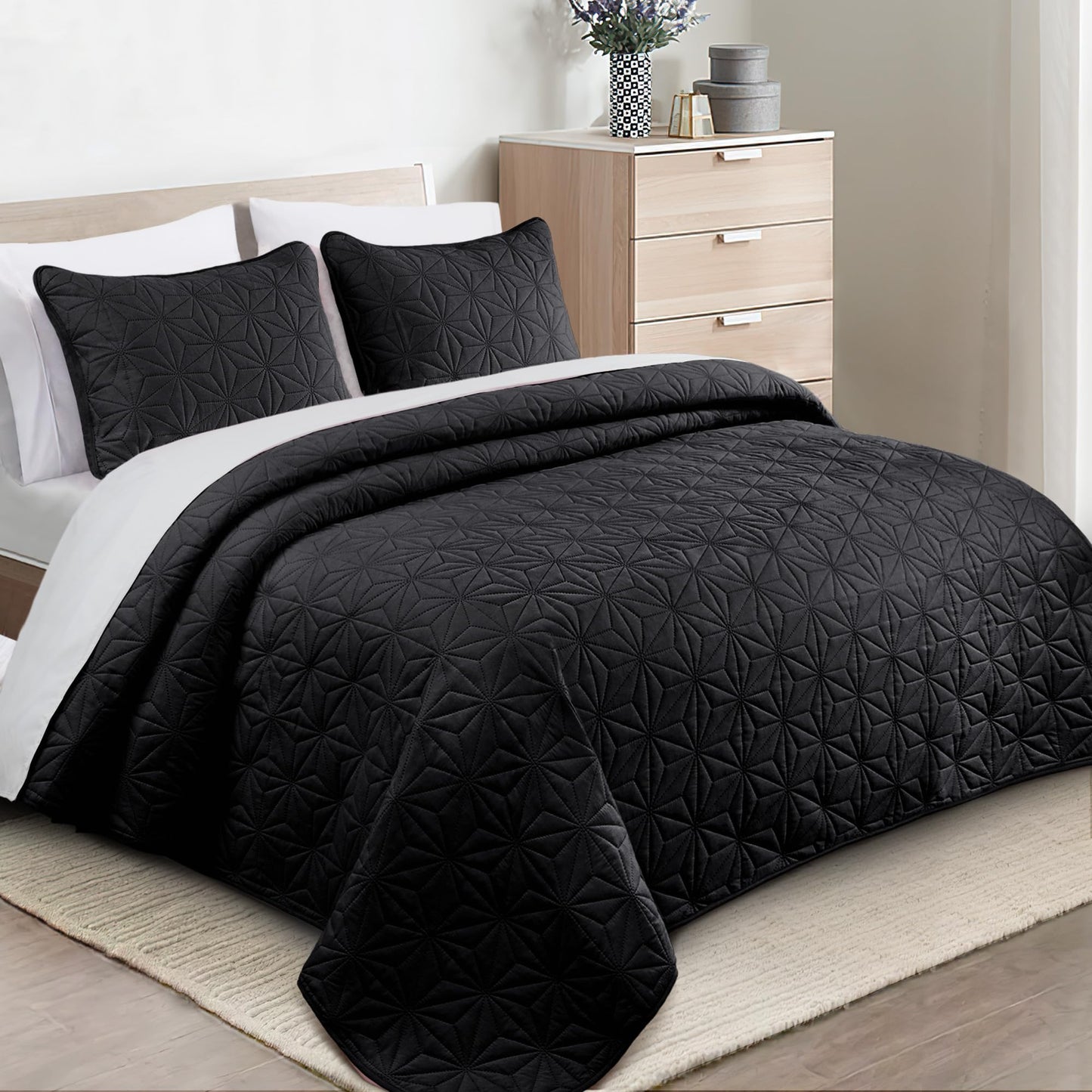 Whale Flotilla Microfiber King Size (96x104 inches) Quilt Set Lightweight Quilted Bedspreads Coverlets Set with Stars Pattern, Black, 3 Piece (1 Quilt, 2 Shams)