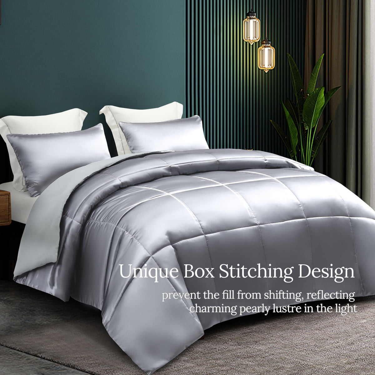 Whale Flotilla 3-Piece Reversible Queen Size Comforter Set/ Bedding Set, Soft Satin Comforter with 2 Satin Pillowcases, Lightweight Duvet Set for All Seasons, Grey