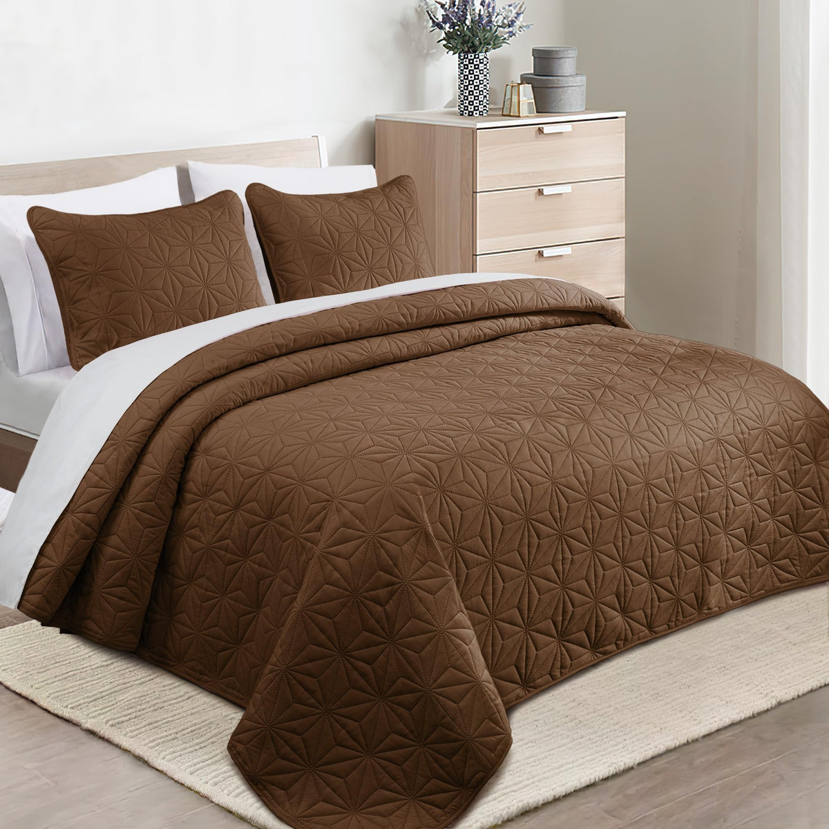Whale Flotilla Microfiber King Size (96x104 inches) Quilt Set Lightweight Quilted Bedspreads Coverlets Set with Stars Pattern, Brown, 3 Piece (1 Quilt, 2 Shams)