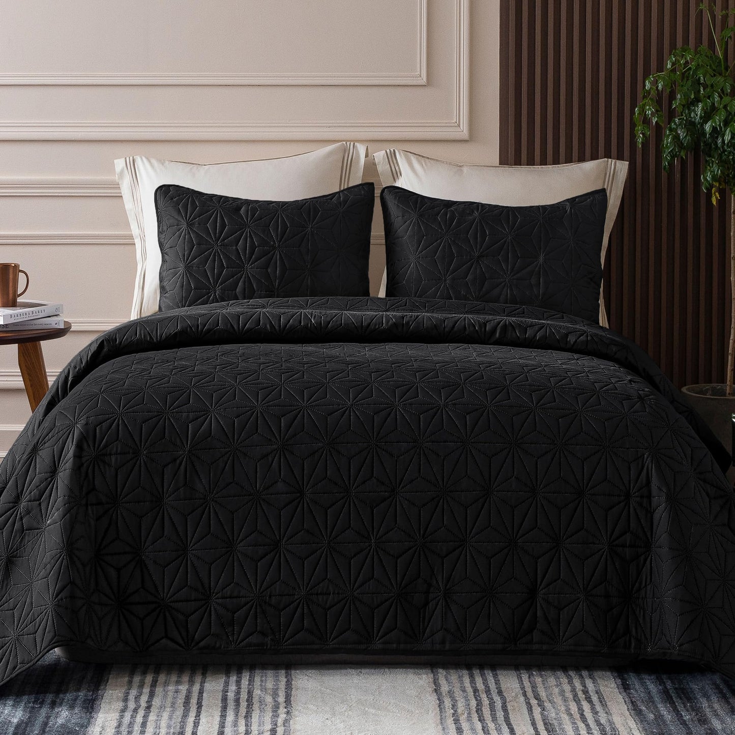 Whale Flotilla Microfiber King Size (96x104 inches) Quilt Set Lightweight Quilted Bedspreads Coverlets Set with Stars Pattern, Black, 3 Piece (1 Quilt, 2 Shams)